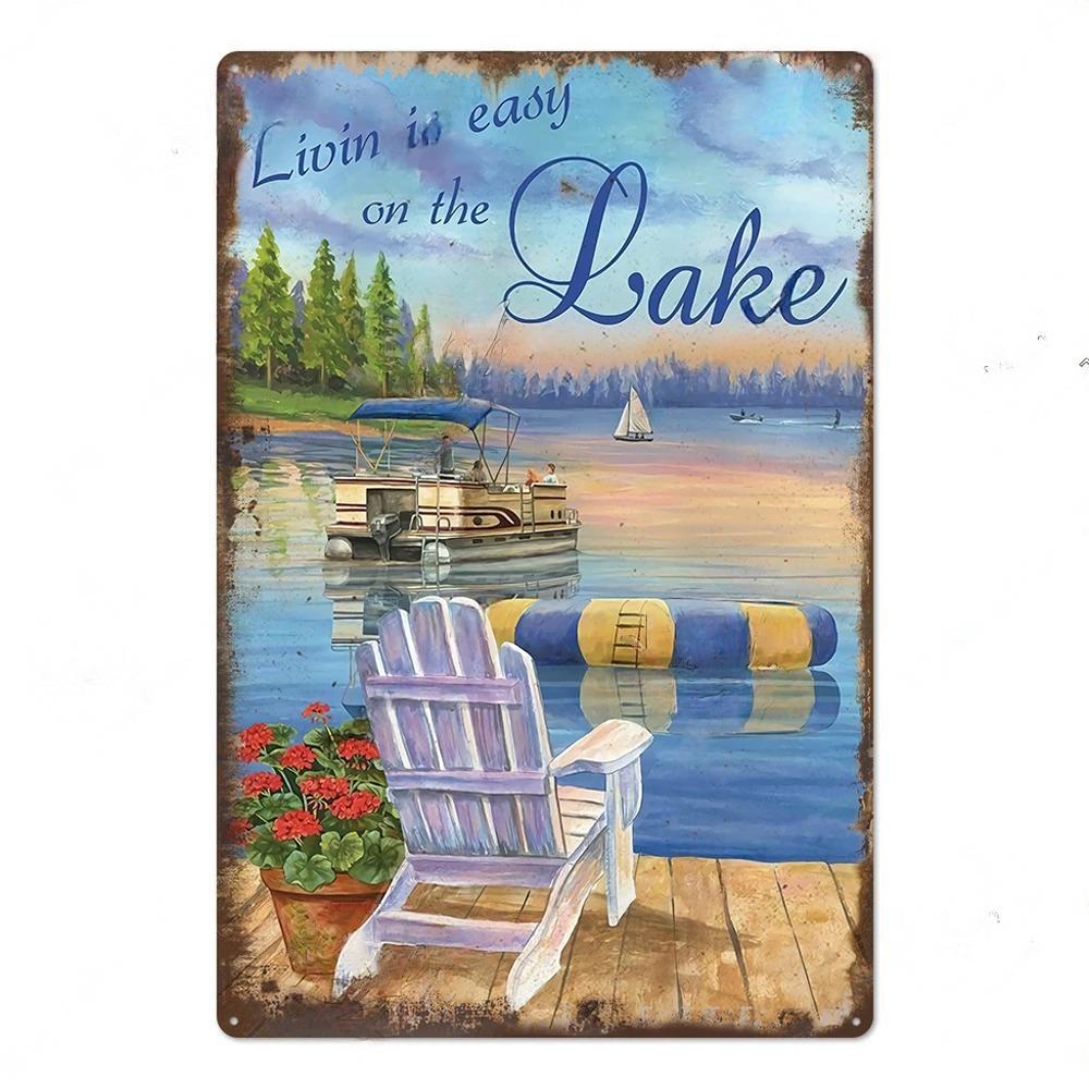 Lake House Posters Vintage Metal Tin Signs Decor Rustic Plaque Metal Plate Wall Art Decor for Living Room