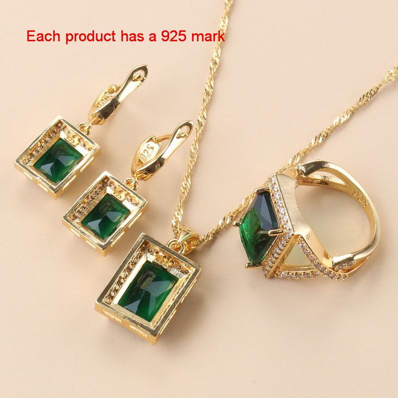 African Gold Plated Bracelet Bangle Ring Trendy Green Zircon Jewelry Sets Necklace Clip Earrings For Women Gift