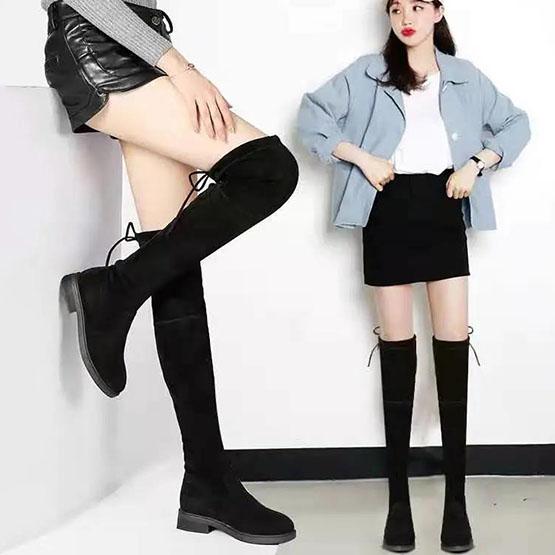 Women's Winter Long Boots Plus Size Black Low Thick Heel Plush Boots Female All-match Casual Party Elastic Boots