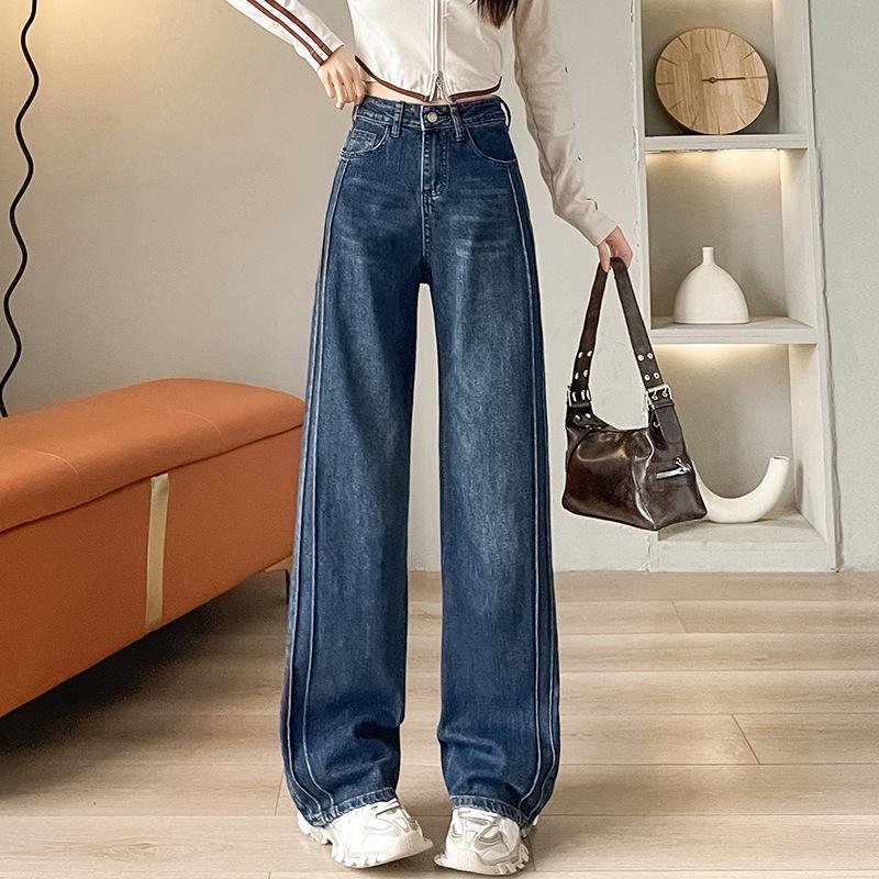 

Женские джинсы с высокой посадкой, в стиле ретро, синего цвета, на флисовой подкладке, с широкими штанинами - Осень/Зима 2024 XL