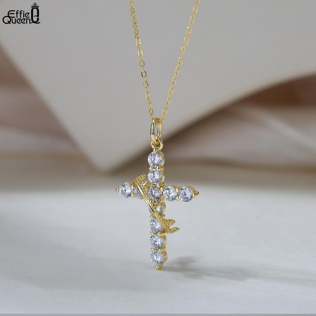 Effie Queen S925 Silver Cubic Zircon Inlaid Cross Pendant Necklace Jewelry for Women Dainty CZ Cross Clavicle Chain Gift SAPN52