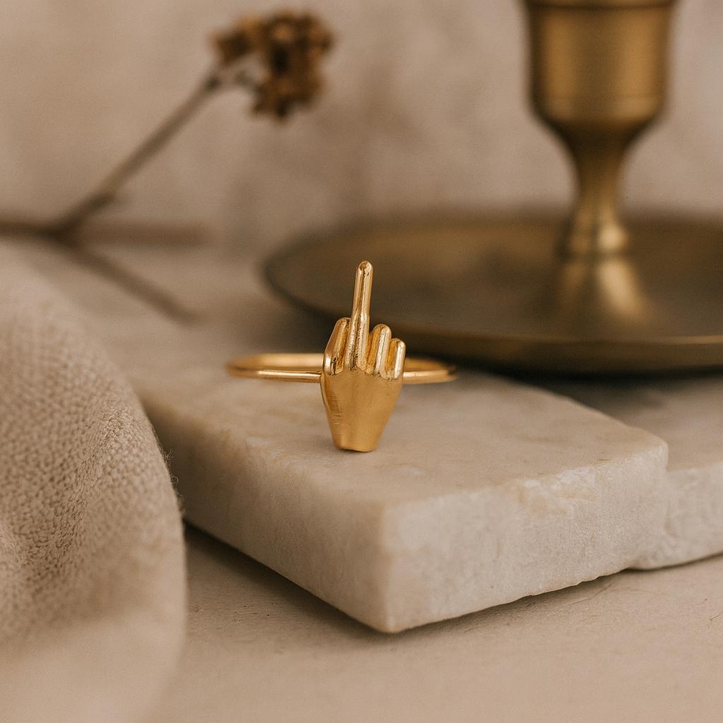 Wedding Engagement Anniversary Promise Gift – Yellow Gold Plated Middle Finger Ring, Silver Stacking Statement Ring, F Message Jewelry Gift