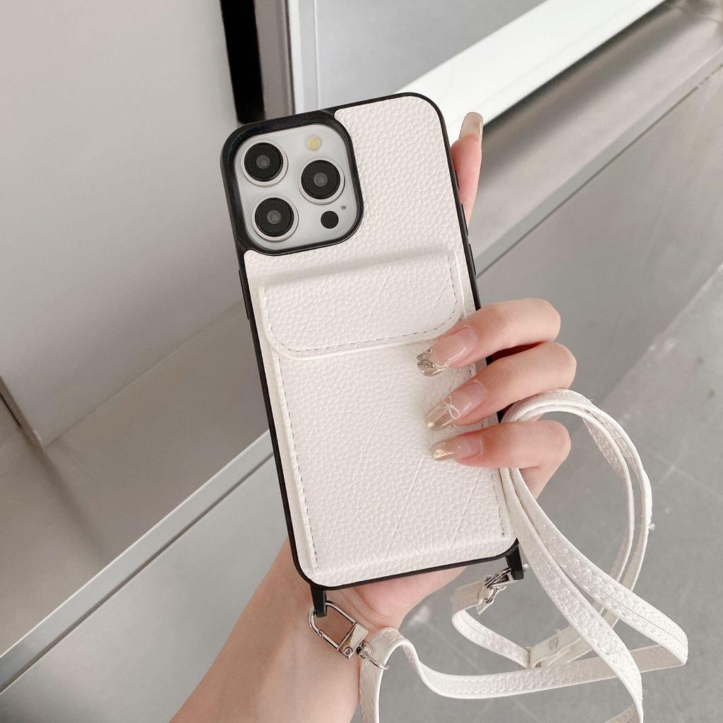 Lychee Pattern Crossbody Card Holder Case for iPhone 14 Pro Max, 15, and 16 Pro