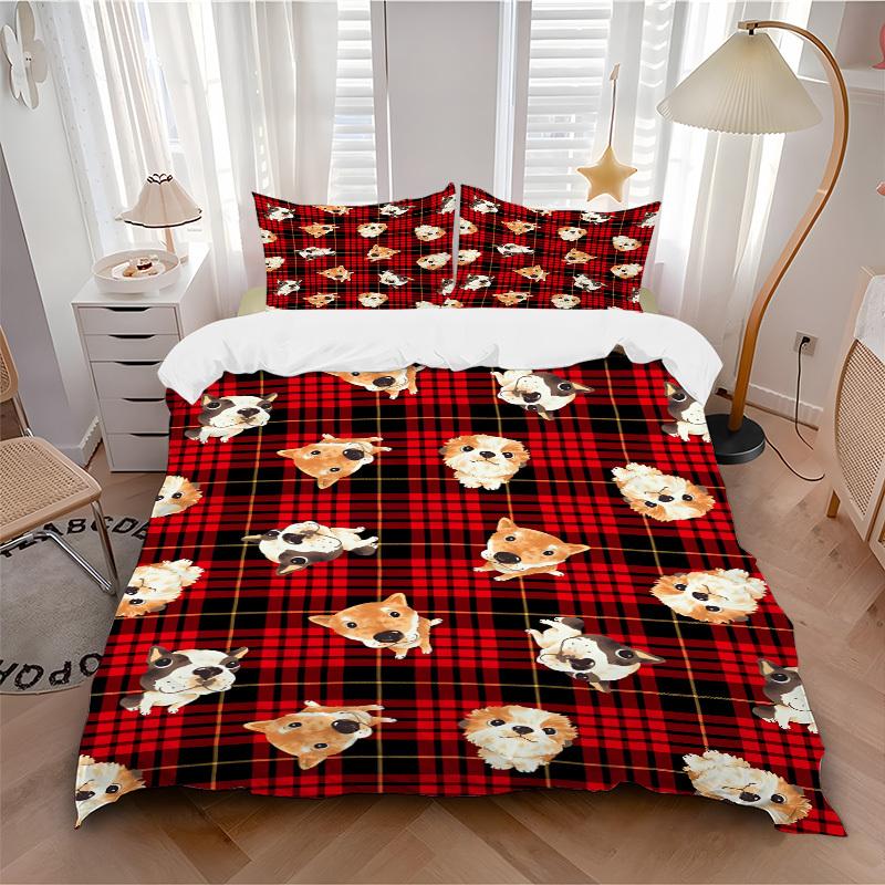

3pcs bedding set Dogs Plaid Includes 1 Comforter + 2 Pillowcases, Without Pillow Inserts, Soft Comfortable, Lightweight Breathable004 135x200cm