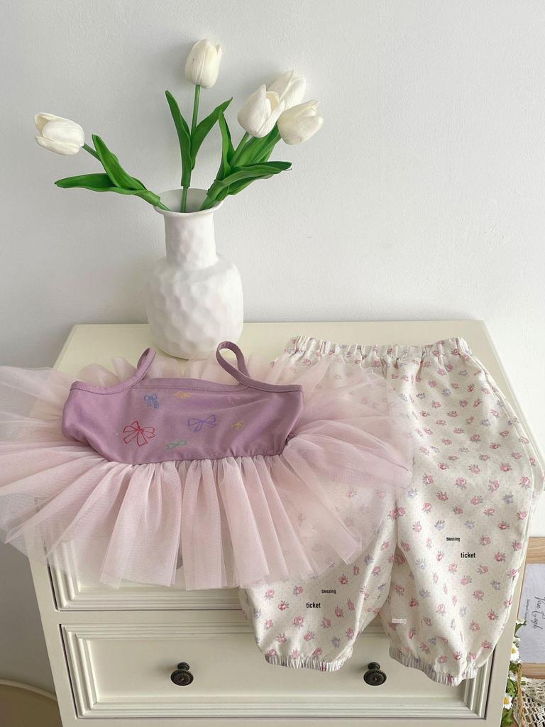 Now B. Happy Summer Girls' Gauze Top & Wide-Leg Pants Set - Stylish, Versatile, and Casual.
