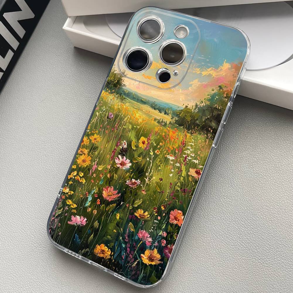 Oil Painting Of Flowers Transparent Phone Case For iPhone 17 16 15 11 12 13 14 Pro Max Mini Soft TPU Silicone Plus