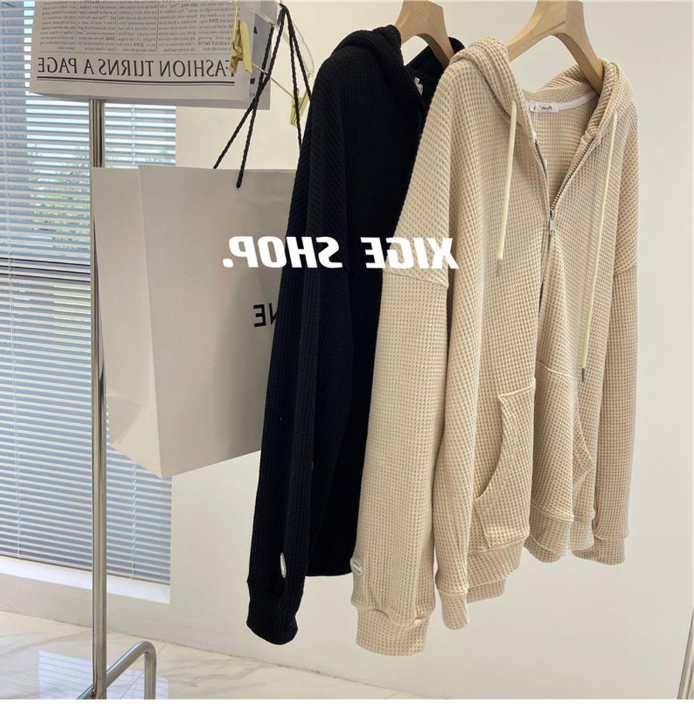 Women's Waffle Knit Hooded Zipper Cardigan - New Loose Slim Design for Autumn/Winter
