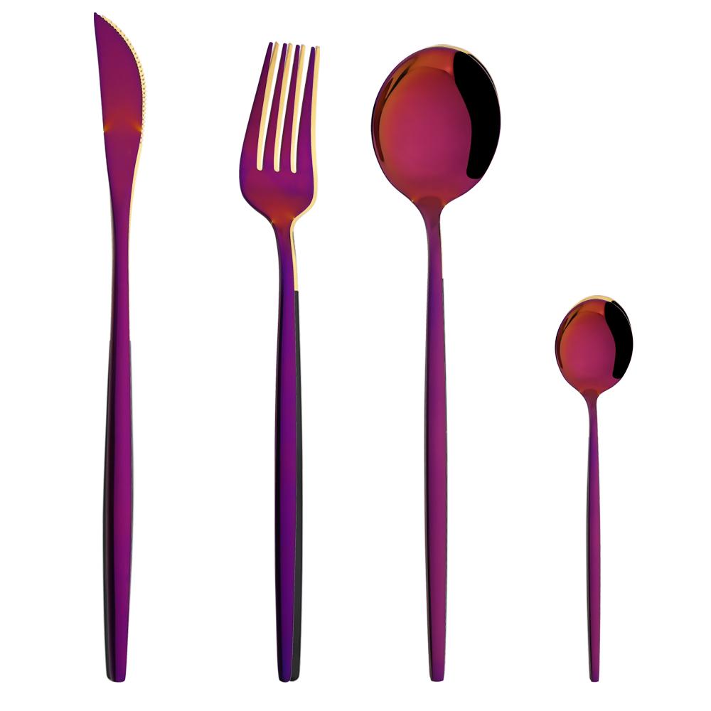 Western Purple Silver Tableware New Dinnerware Set 4Pcs Stainless Steel Kitchen Knife Fork Spoon Complete Cutlery Flatware Set