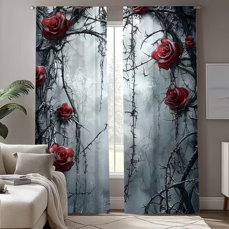 2 Pcs Thorny Rose Print Curtains,suitable for Bedroom,living Room Kitchen Decoration,home Decoration,window Decoration