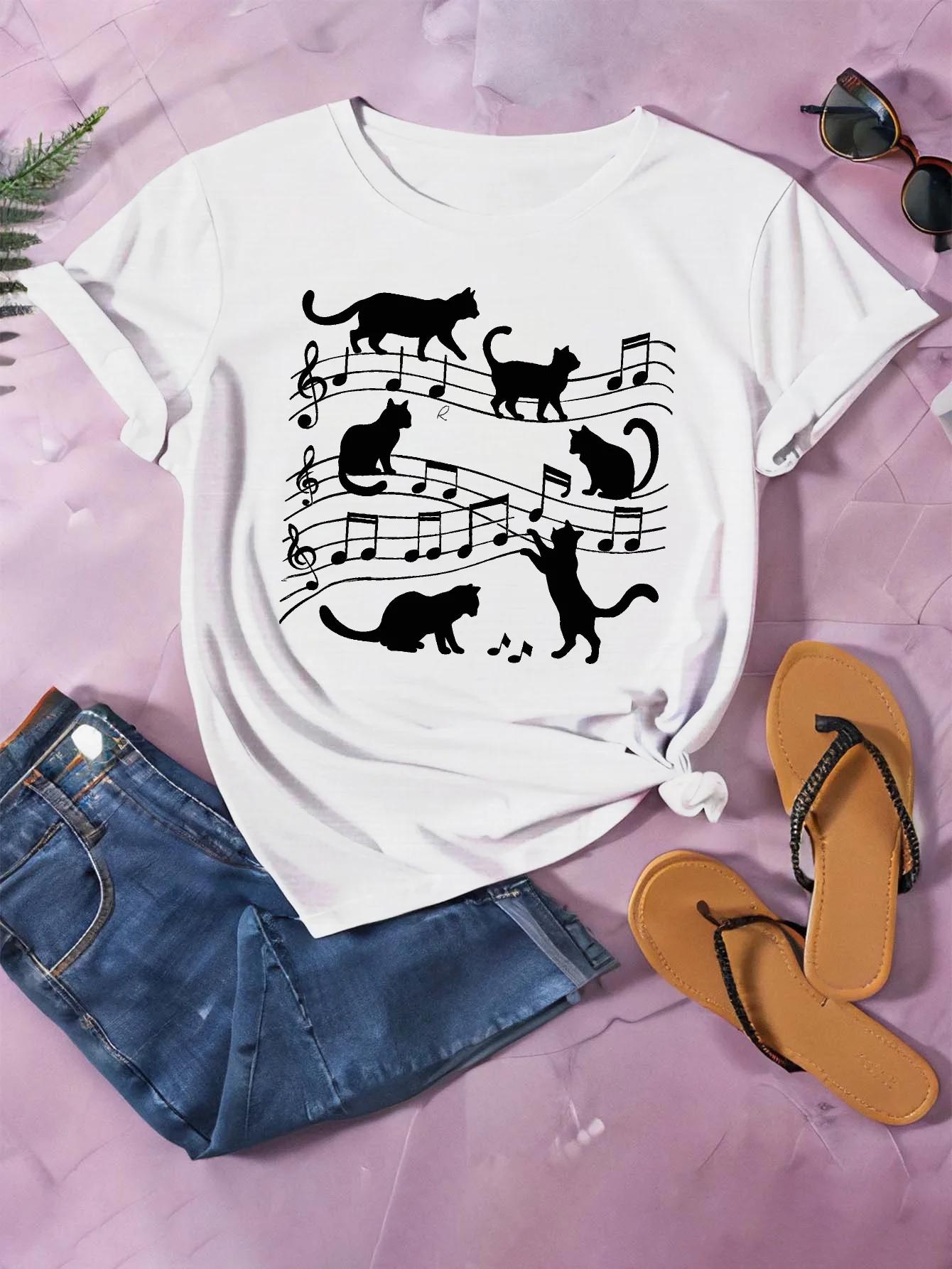 

Music & Cat Print Crew Neck T-shirt Casual Short Sleeve Comfit Fit Top for Spring & Summer Women s Clothing S