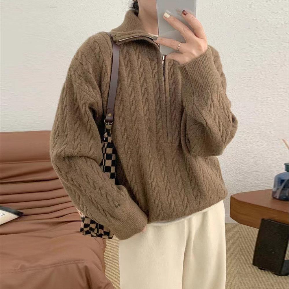 Korean solid color lapel neck twist sweater outer wear women's lazy style fashion casual autumn and winter French polo neck zipper shirt
