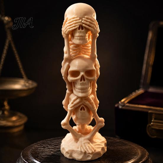 Desktop Decorations 3D Printed Triple Skull Statue, Halloween Horror Hear No Evil See Spooky Table Ornaments Speak Figurine, Creative Desk Decor