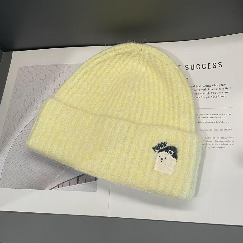 A New Solid Color Cartoon Embroidered Woolen Cap for Women In Autumn and Winter From South Korea A Small Knitted Cap That Accentuates The Face