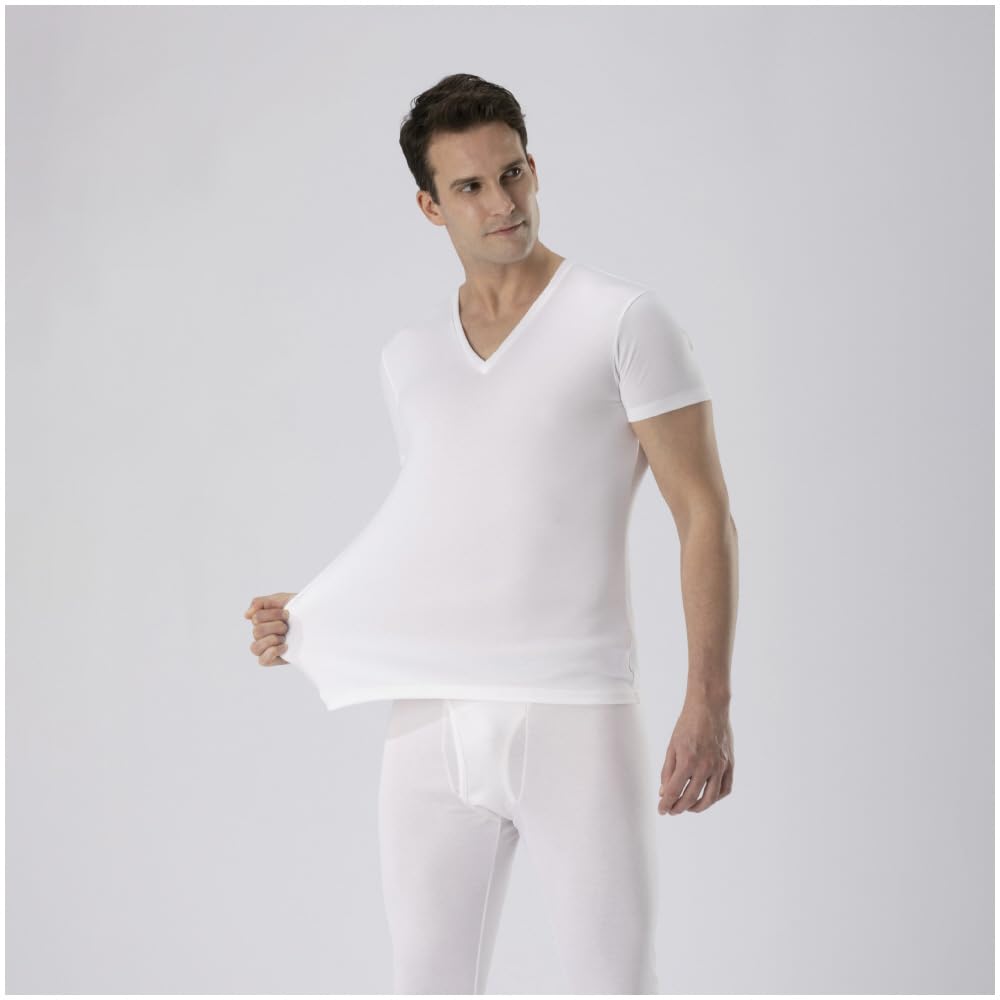 Mizuno Breath Thermo for Daily Short Sleeve Size S Underwear, Heat-Generating Innerwear, Thin, Use, Men's V-Neck Shirt, Off-White,