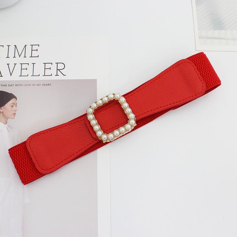 Square Pearl Inlaid Smooth Buckle Elastic Belt Women'S Dress Decoration Elastic Thin Waist Seal Three Sizes