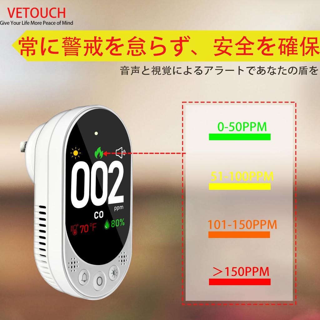 VETOUCH Portable Carbon Monoxide Travel Carbon Monoxide Outdoor CO Detector with Temperature and Humidity Clear LCD Accurate Intelligent Phase Flip