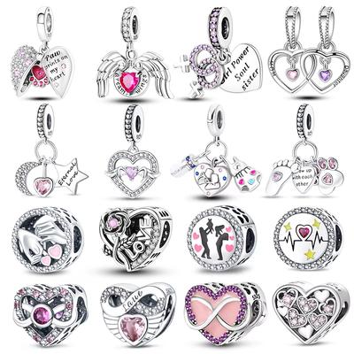Real 925 Silver Pink Heart Charms Beads Fit Qikaola Bracelets DIY Jewelry Gift For Mom Mothers Day