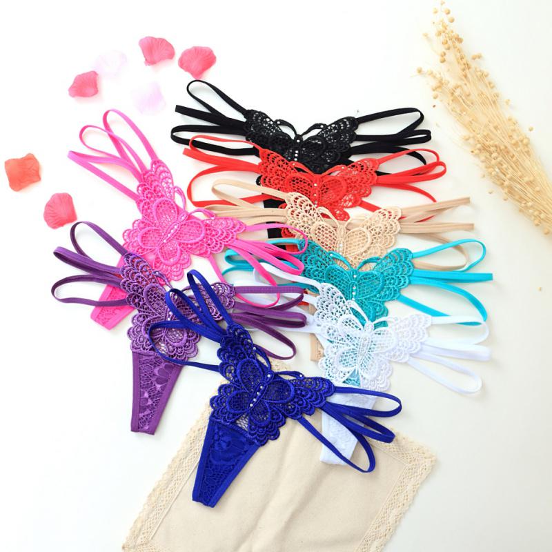 Fashion New Lady Sexy Solid Color Lace Hollow Thin Belt Perspective Butterfly Woven Thong