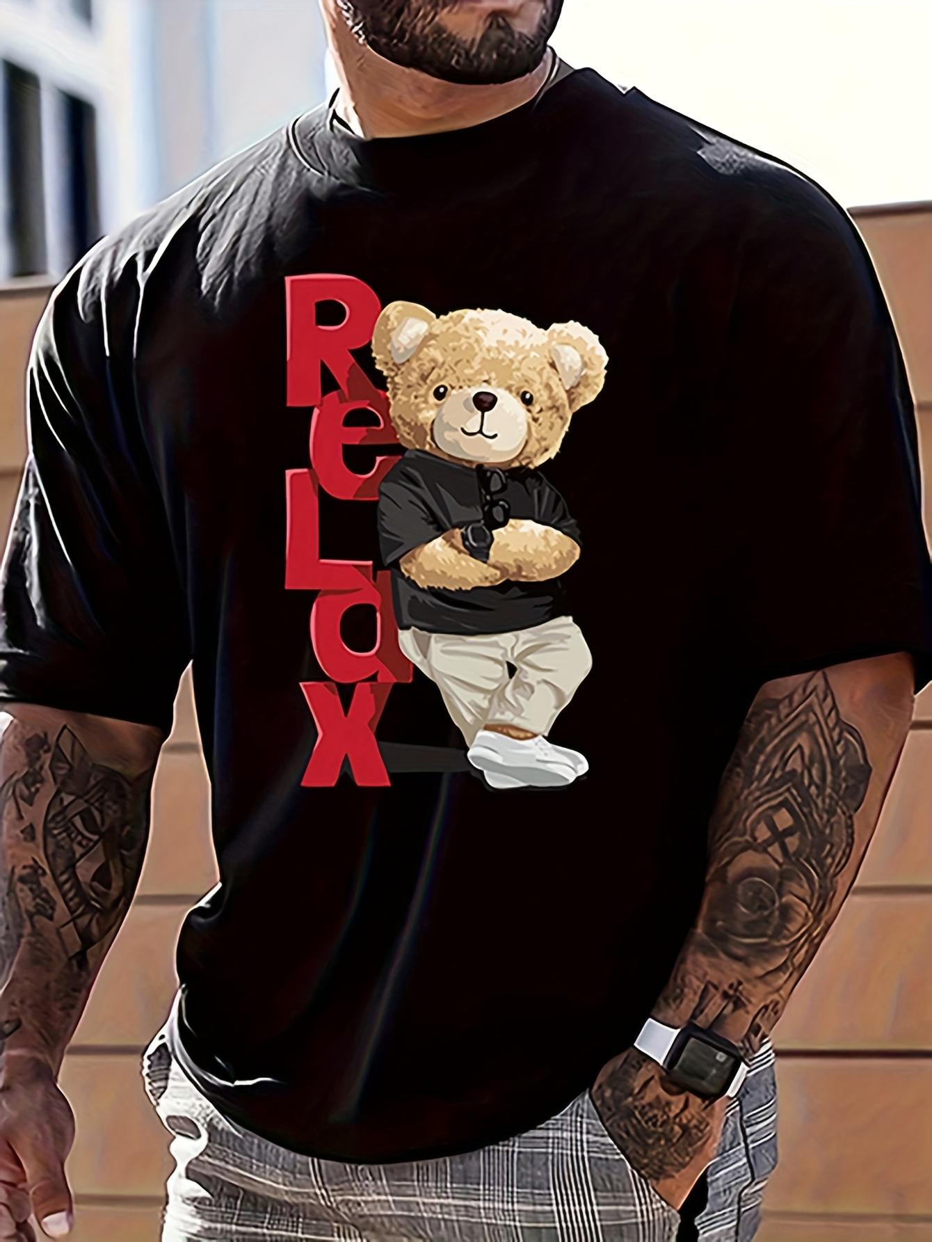 Mens Casual Crew Neck TShirt Slightly Stretched Knitted Fabric Relaxing Teddy Bear Pattern TShirt S