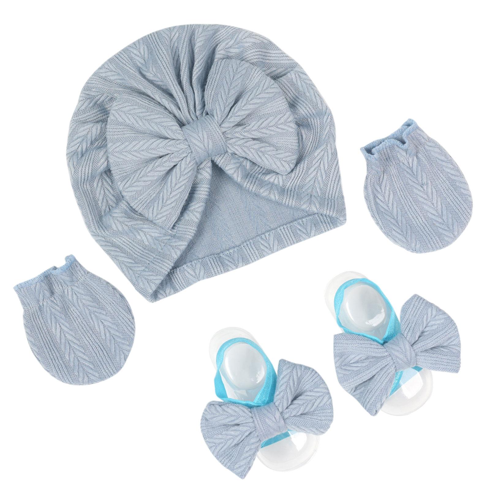 

Детская шапочка-тюрбан, больничная шапочка с перчатками и бантом на ножки для новорожденных, мягкая шапочка-чепчик, набор для ребенка 0-3 месяцев синий