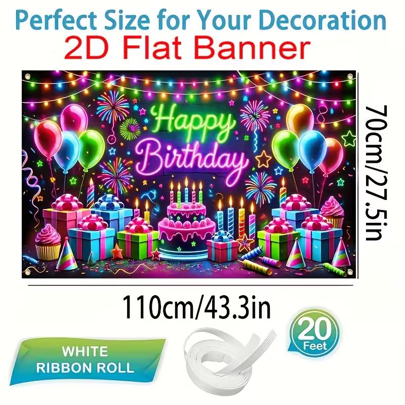 

2D Happy Birthday Photography Backdrop with Neon Lights, Cake & Colorful Balloons Banner 47.2x31.5inch/120*80cm