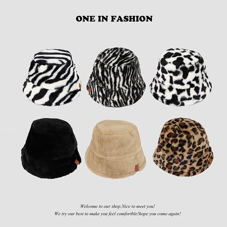 Fashionable Women's Vintage Korean Style Bucket Hat Zebra Leopard Print Plush Thickened Warm Versatile for Autumn Winter