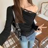 One-line collar lace splicing angled shoulder long-sleeved T-shirt women's autumn inner wear unique and chic niche bottoming shirt top