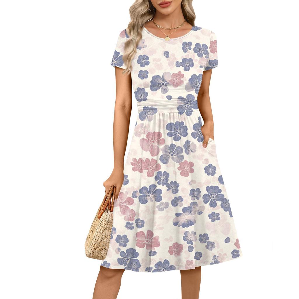 Women's Casual Fashion Round Neck Pleated Short Sleeve Retro Floral A-Line Midi Dress