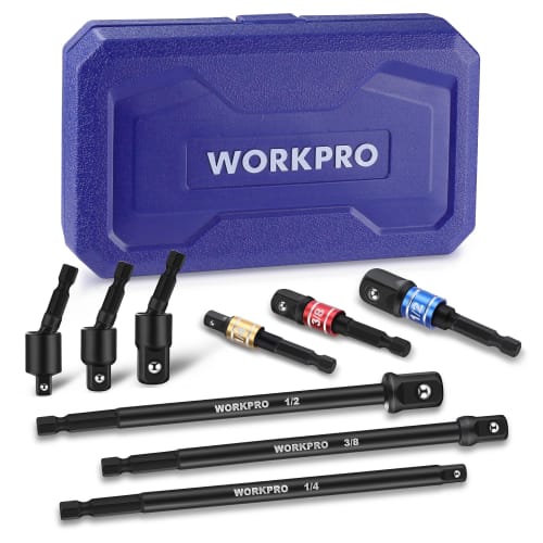 

WORKPRO Impact Grade Socket Adapter, 9-Piece Set, 55-150mm Total Length, Universal Extension, 6.35mm (1/4 ), 9.5mm (3/8 ), and 12.7mm (1/2 ) Drive, He