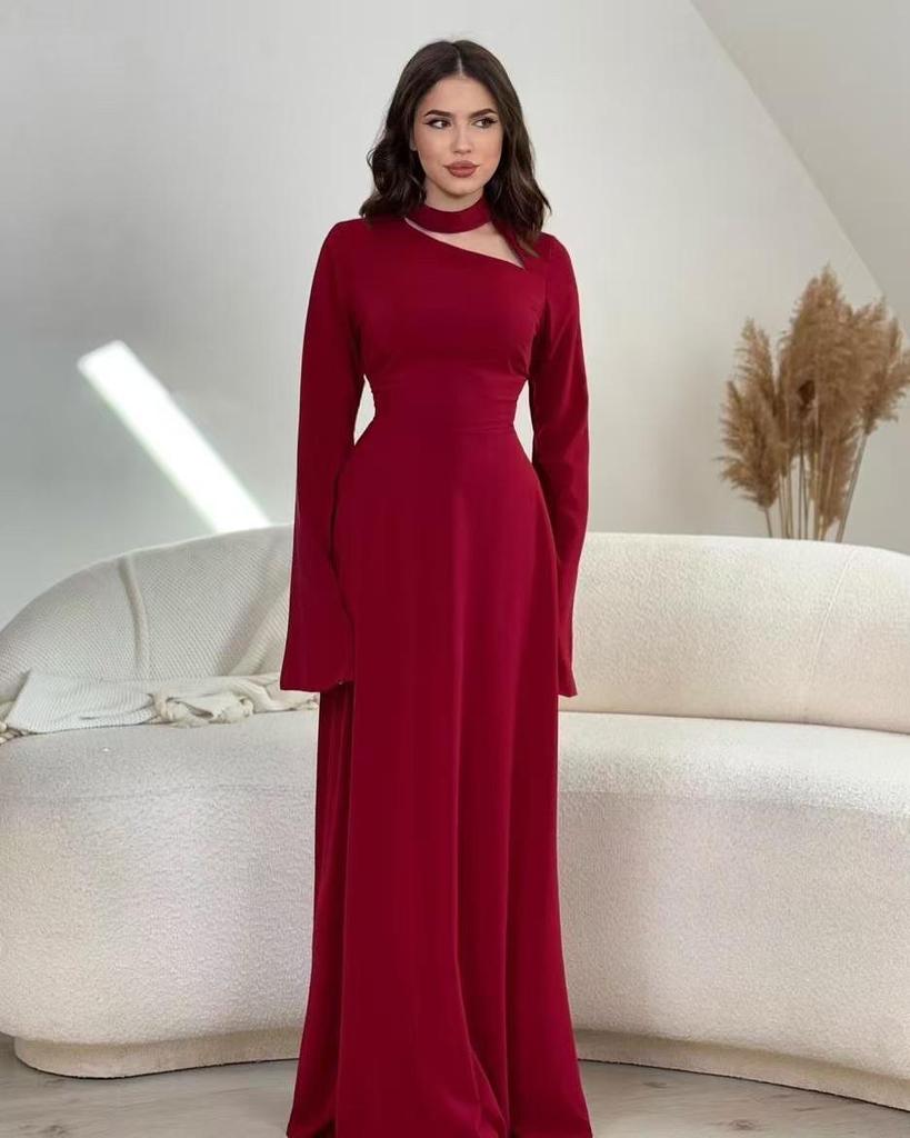 European & American Solid Color Long-Sleeved Slimming Dress for Spring/Autumn