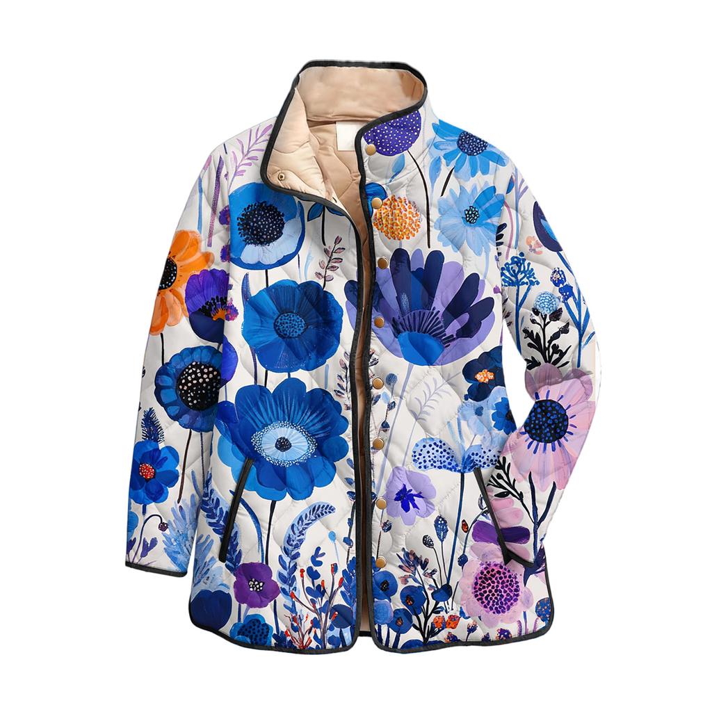 Women's Floral Print Stand Up Collar Pleated Cotton Long Sleeved Button Cotton Jacket