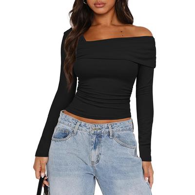 European and American Fashion Autumn Sloping Shoulder Design, Long Sleeved Slim Fit Women's Top