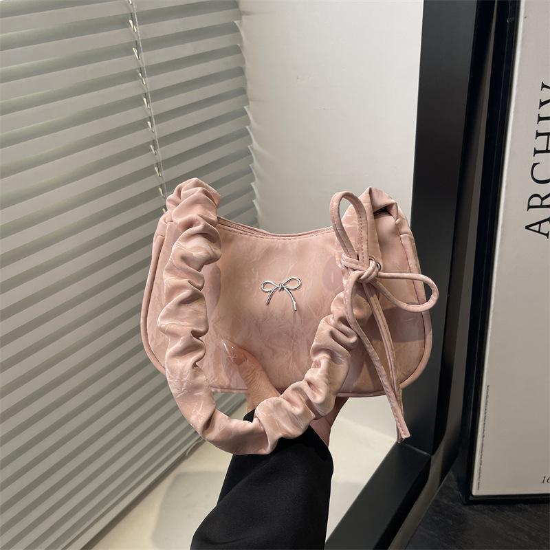 Lightweight Bow Square Shoulder Bags for Women Korean Style Ladies Underarm Bag Simple Female Pleated Drawstring Handbags Purse