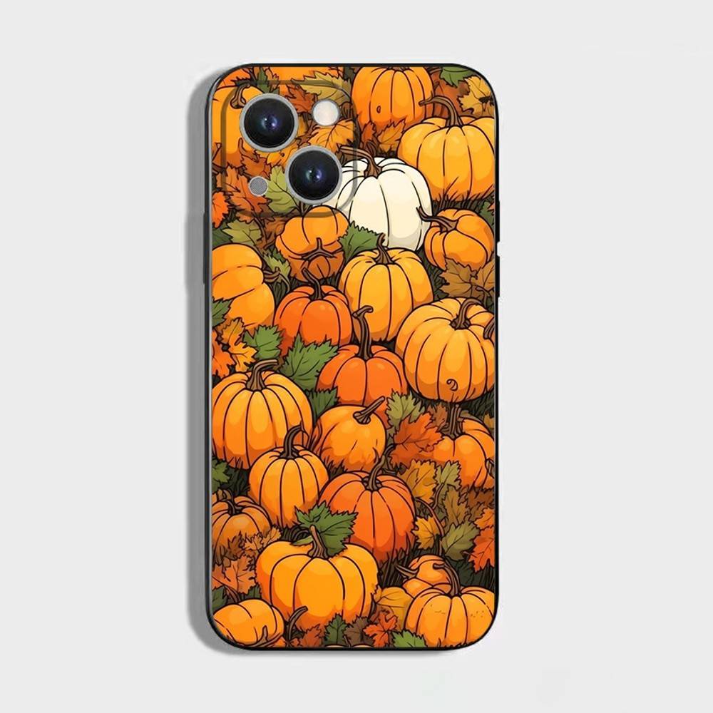 Autumn Leaves Pumpkin Phone Case For iPhone 16,15,14,13,12,11 Plus,Pro Max,XS,X,XR,SE,Mini,8,7,Soft Silicone Black Cover