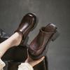 Johnature British Style Genuine Leather Round Toe Thick Heel Slippers Comfortable Thick Soled Women's Shoes