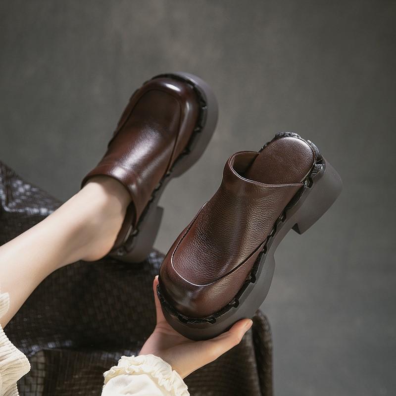 Johnature British Style Genuine Leather Round Toe Thick Heel Slippers Comfortable Thick Soled Women's Shoes