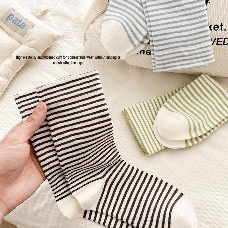 Striped Mid-Calf Maternity Socks, Summer Thin & Boneless, Wide Opening, Pure Cotton, Versatile Slouch Socks for Pregnant Women & Students