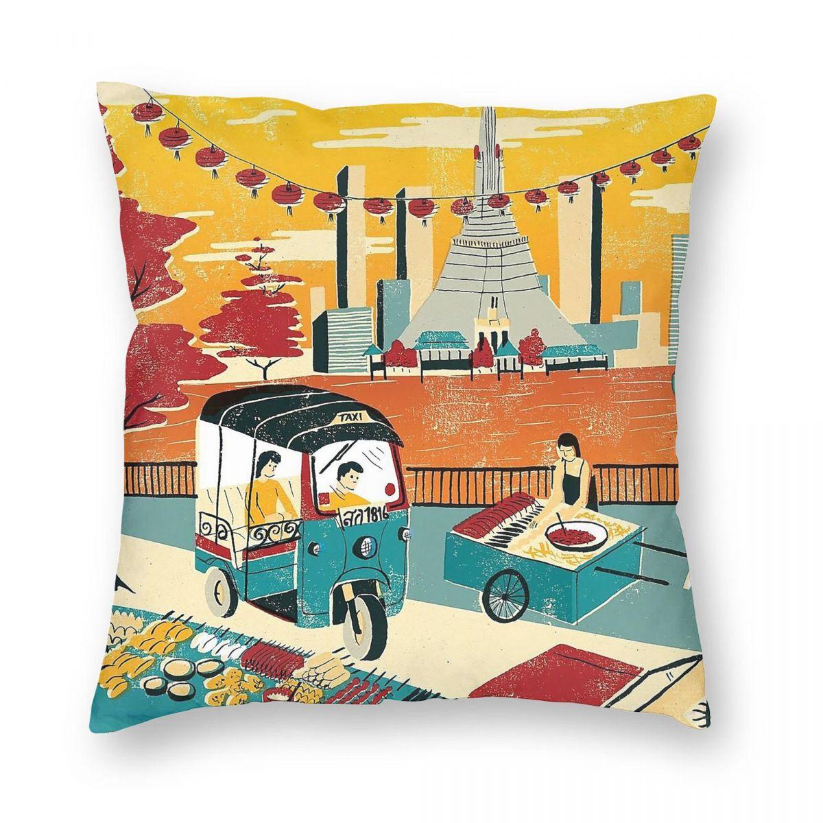 Bangkok Thailand Tuk Tuk Square Pillowcase Polyester Linen Velvet Pattern Zip Decor Throw Pillow Case Sofa Seater Cushion Case 30x30cm