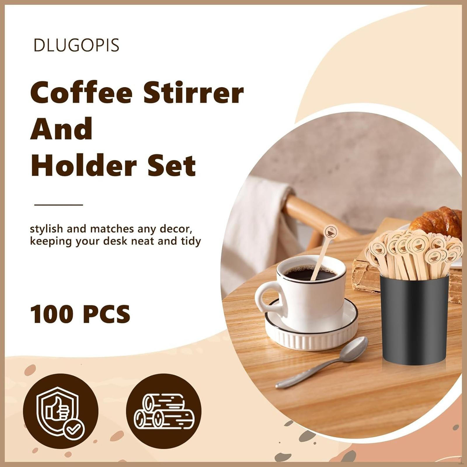 

100Pcs Wooden Coffee Stirrers,5.5 inch with Storage Container, Round End and Holder Set for Tea