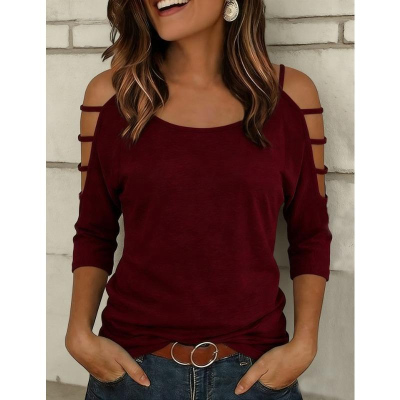 Womens Solid Color Round Neck Cold Shoulder Tie Detail 3/4 Sleeve Slim Fit T Shirt