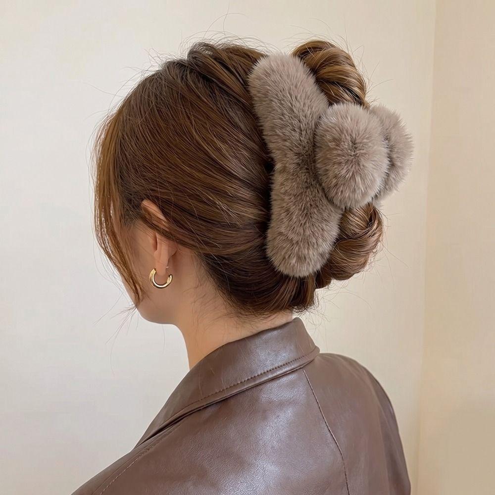 Pure Color Faux Fur Large Hair Clip Leopard Print Winter Hair Accessories Sweet Grasp Clip Girls