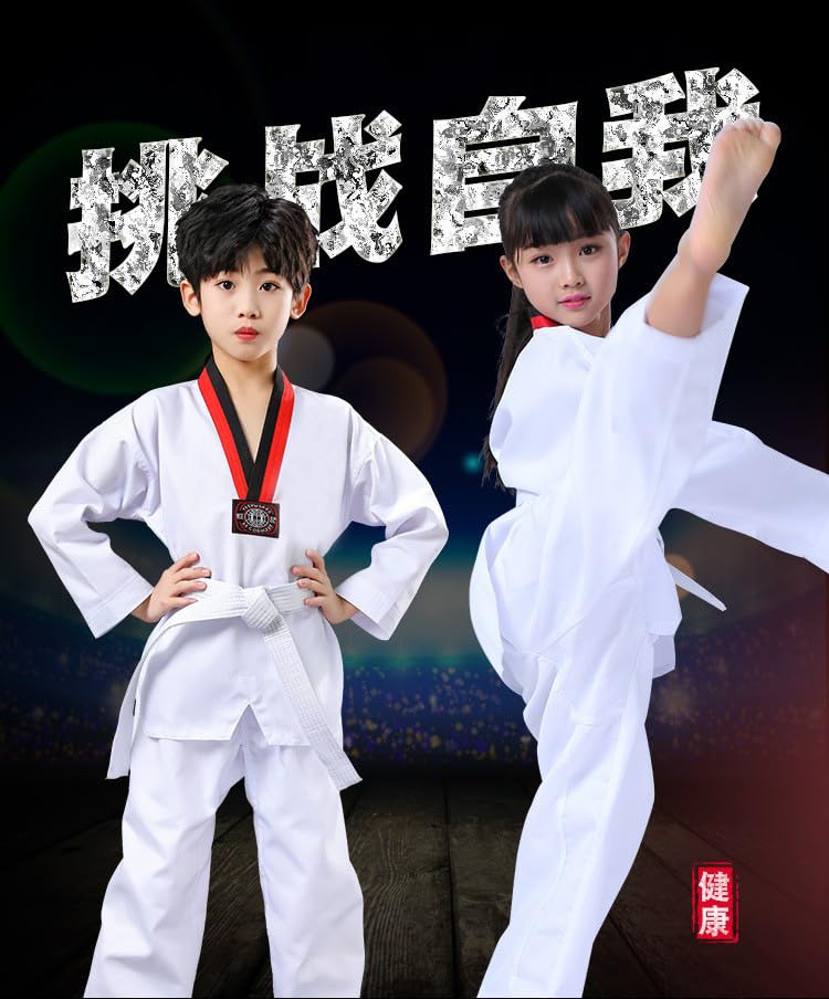 Taekwondo Long Top and Bottom with Belt [yuniycolor] Children's Uniform, Sleeve, Unisex, White, Set, (M-140)