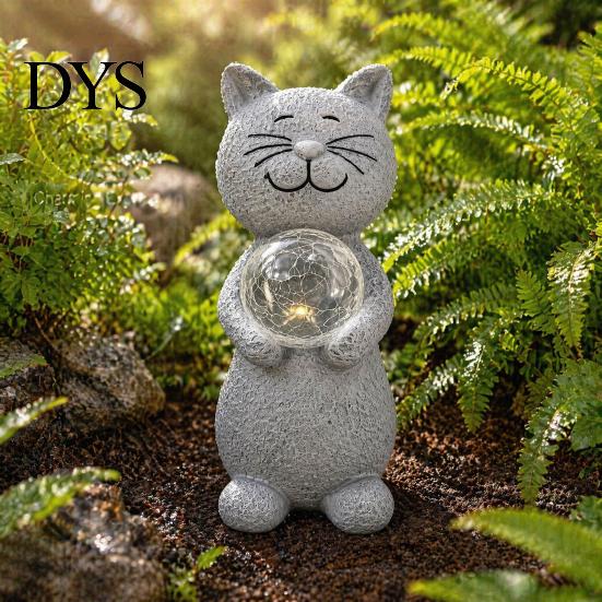 Langlebige Harzskulptur Dekor Katze Statue Solarlicht, Lachender Garten mit Rissiger Kristallkugel, Warme LED Hofdekoration Wasserdichte Tierlampe