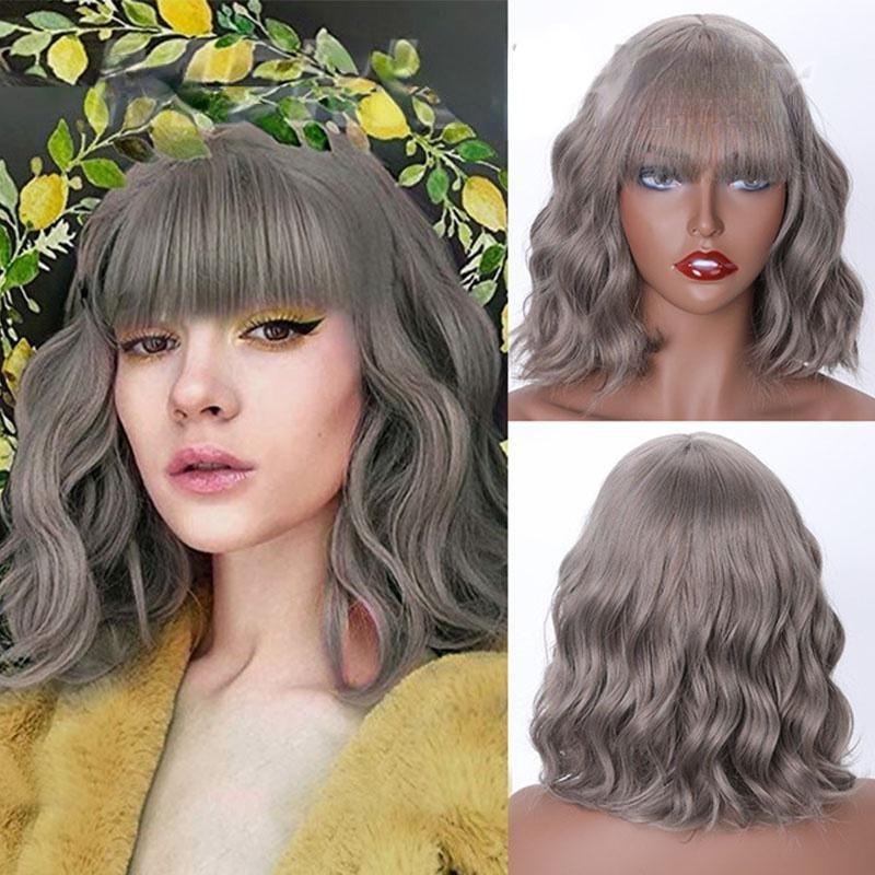 MERISIHAIR Short Wavy Wigs with Bangs Black Bob Wig with Bangs Shoulder Length Wigs for Women Synthetic Heat Resistant Fiber Wig