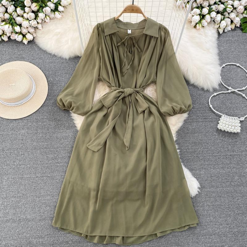 Light and Mature Style Retro Temperament Bubble Long-sleeved Lapel Waist Thin Word Chiffon Dress Elegant Big Swing Dress