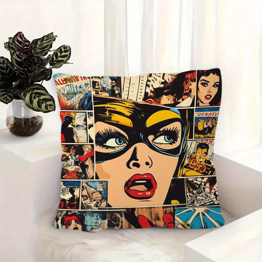 Retro Pop Art Comic Book Print Throw Pillow Cover Vintage Superhero Girl Collage Cushion Case For Trendy Home Decor Sofa Couch
