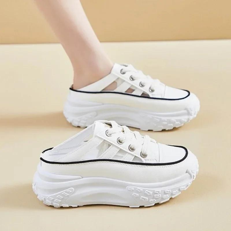 Ladies Shoes 2025 Closed Toe Platform Women's Slippers Fashion Roman Thick Bottom Hollow Out Lace-up Comfortable Casual Sneakers