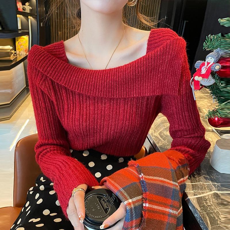 

Модный элегантный вязаный пуловер с квадратным вырезом, женский свитер с открытым плечом, осенне-зимний топ с длинным рукавом, однотонная повседневная свободная рубашка, одежда One Size красный