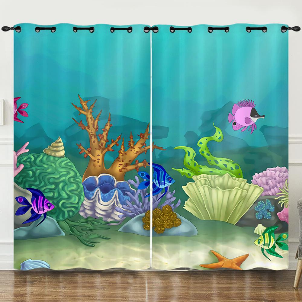 Curtain Illustration Marine Life Shark 3D Digital Printing Blackout Curtain Punching