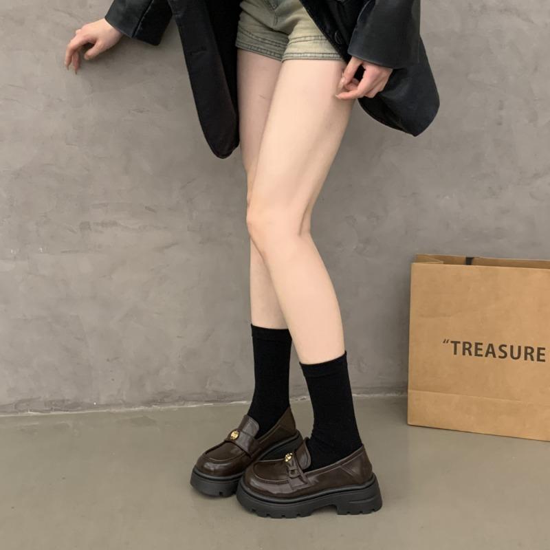 Thick-soled version! Small gold coins increase height, thick heels, small leather shoes, women's spring and autumn versatile black one-pedal loafers